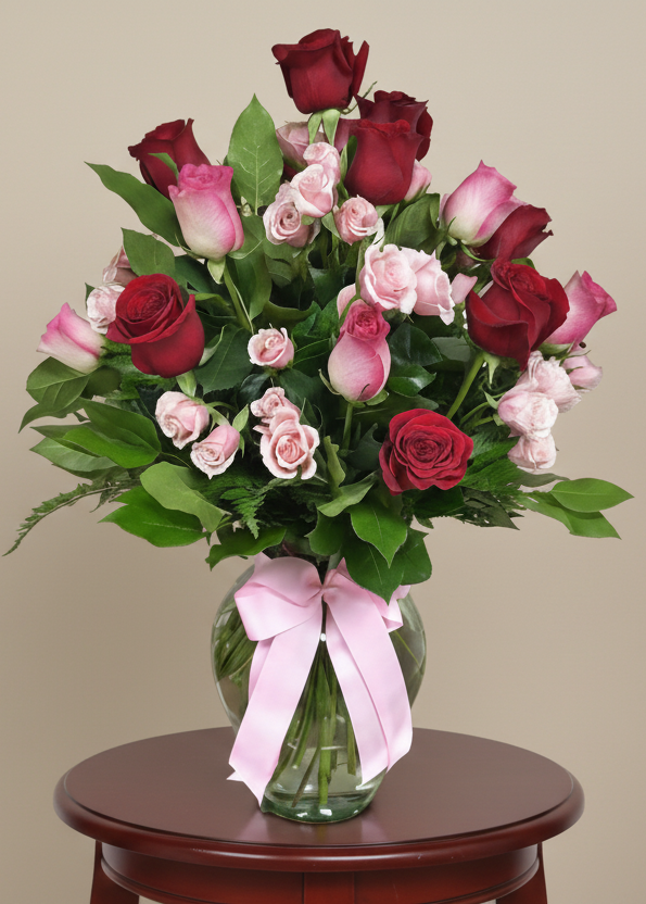 Classic bouquet of pink and red roses, spray roses and greenery, is the perfect gift for a loved one. For anniversary, romance or Valentine's.