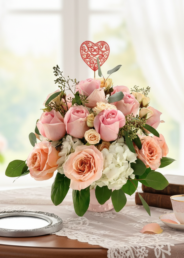 Charming floral romantic arrangement, a blend of 15 roses, spray roses, fluffy hydrangeas, and lush greenery.