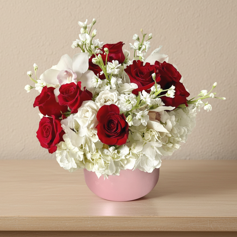 Box holds an arrangement of hydrangeas, roses, spray roses, stocks, and Cymbidium orchids.
Gladys Flowers in Miami- Valentine's